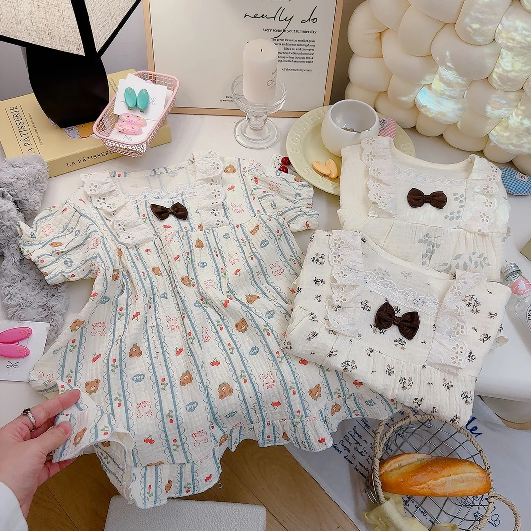 夏季纯棉女童连衣裙女童睡裙女童蕾丝花边碎花裙子女宝公主裙HH