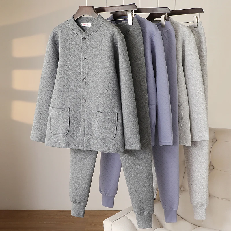 冬季老年人保暖内衣男款加绒加厚纯棉秋衣秋衣裤套装爸爸棉衣棉裤