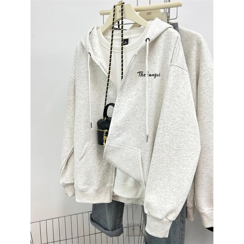 美式复古白灰色连帽开衫卫衣女秋冬季宽松oversize休闲百搭外套潮