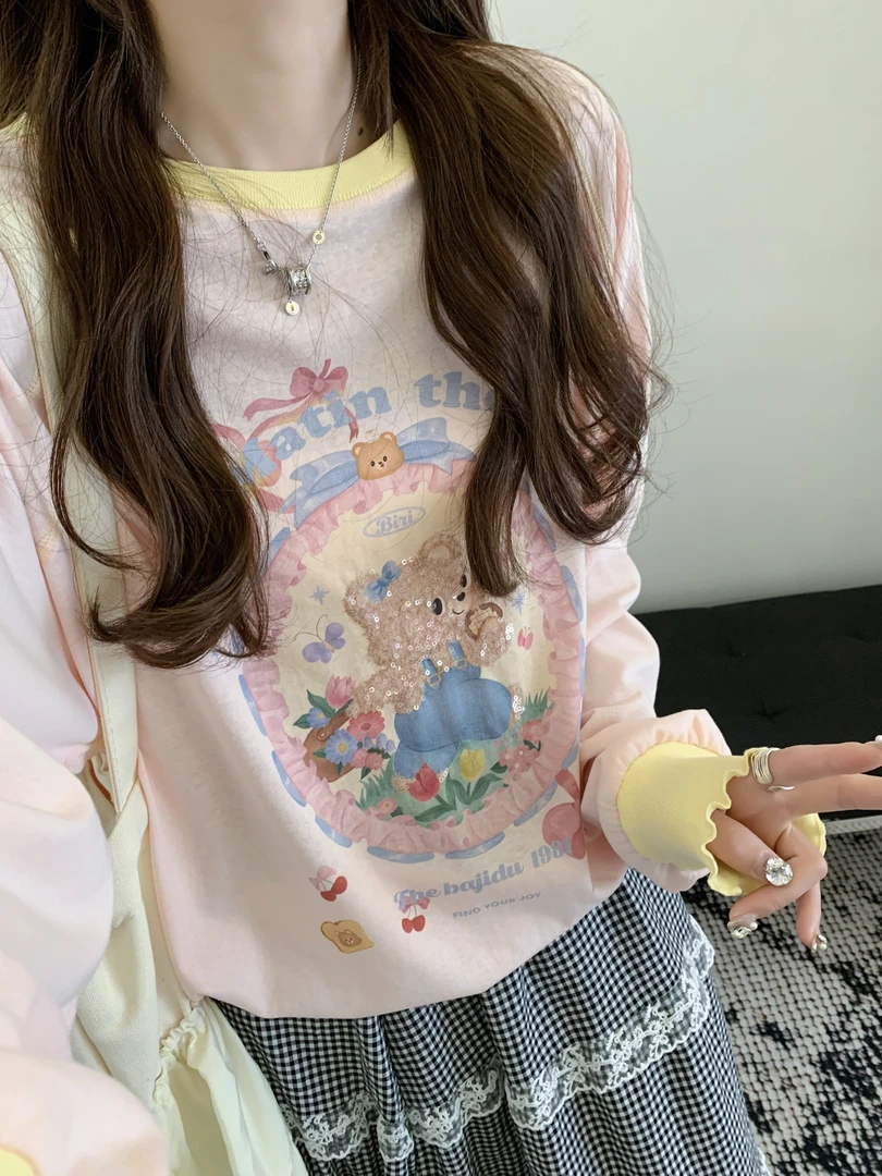 小雅姐姐  韩系爆款小熊插肩袖夏季宽松百搭T恤IY59
