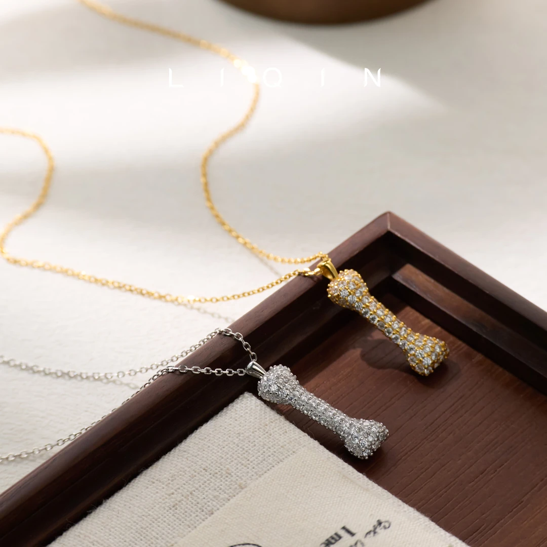 丽沁 坠链均925银 王一博同款骨头项链潮牌气质超闪锆石颈链轻奢