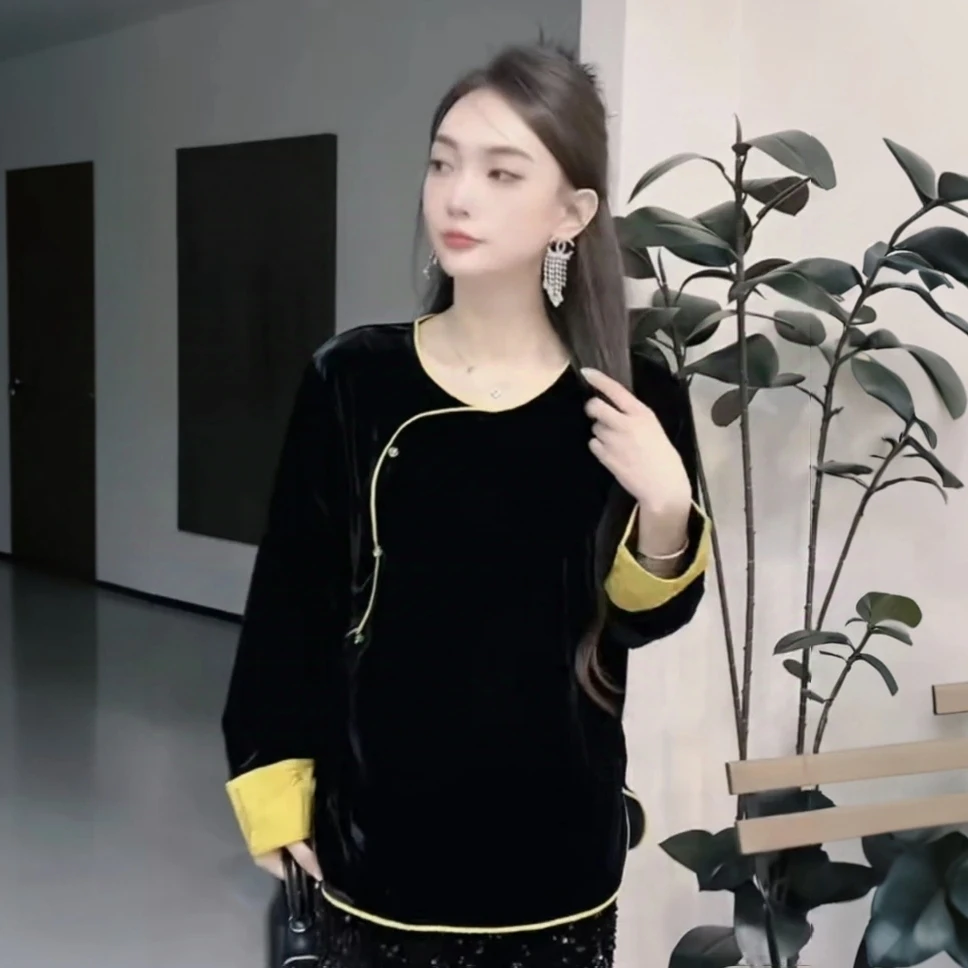 2025秋季新款胖MM复古新中式国风金丝绒质感宽松显瘦百搭衬衫上衣