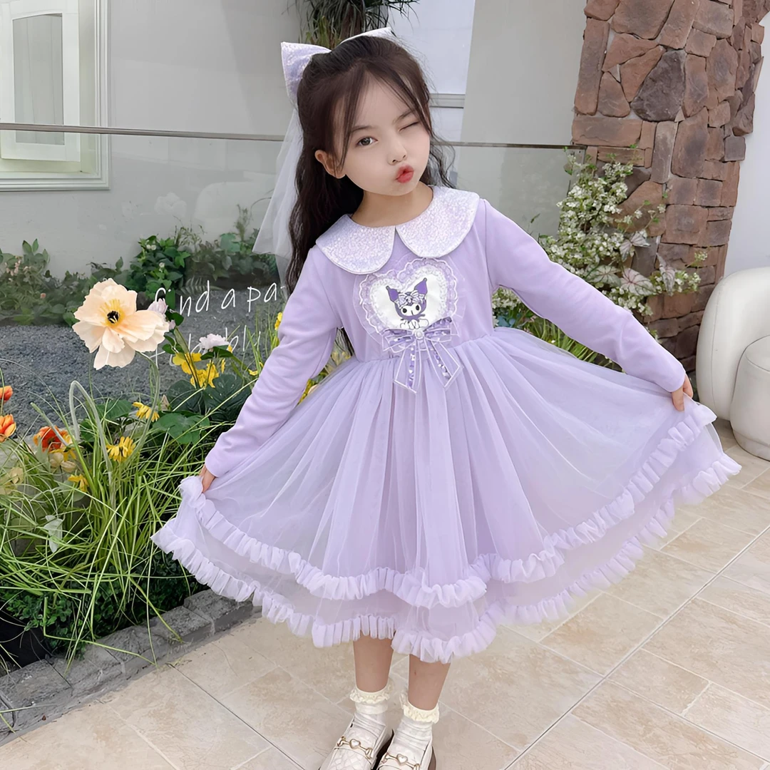 1319秋季中小女童长袖亮片领网纱裙女宝公主裙女孩子卡通连衣裙