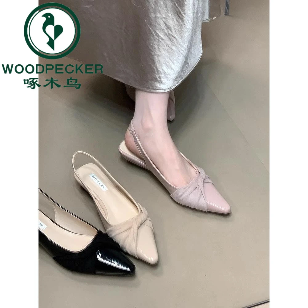 啄木鸟优雅纯色尖头配裙子包头凉鞋女2025后绊带单鞋气质名媛风
