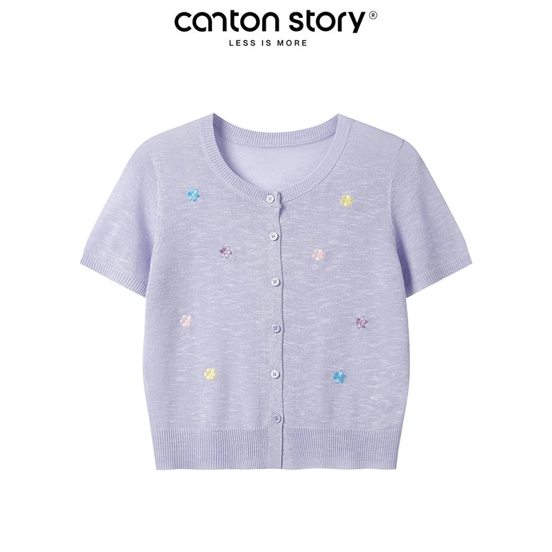 羊城故事 【现现】刺绣花朵毛针织开衫女甜美短袖上衣 Y50650922