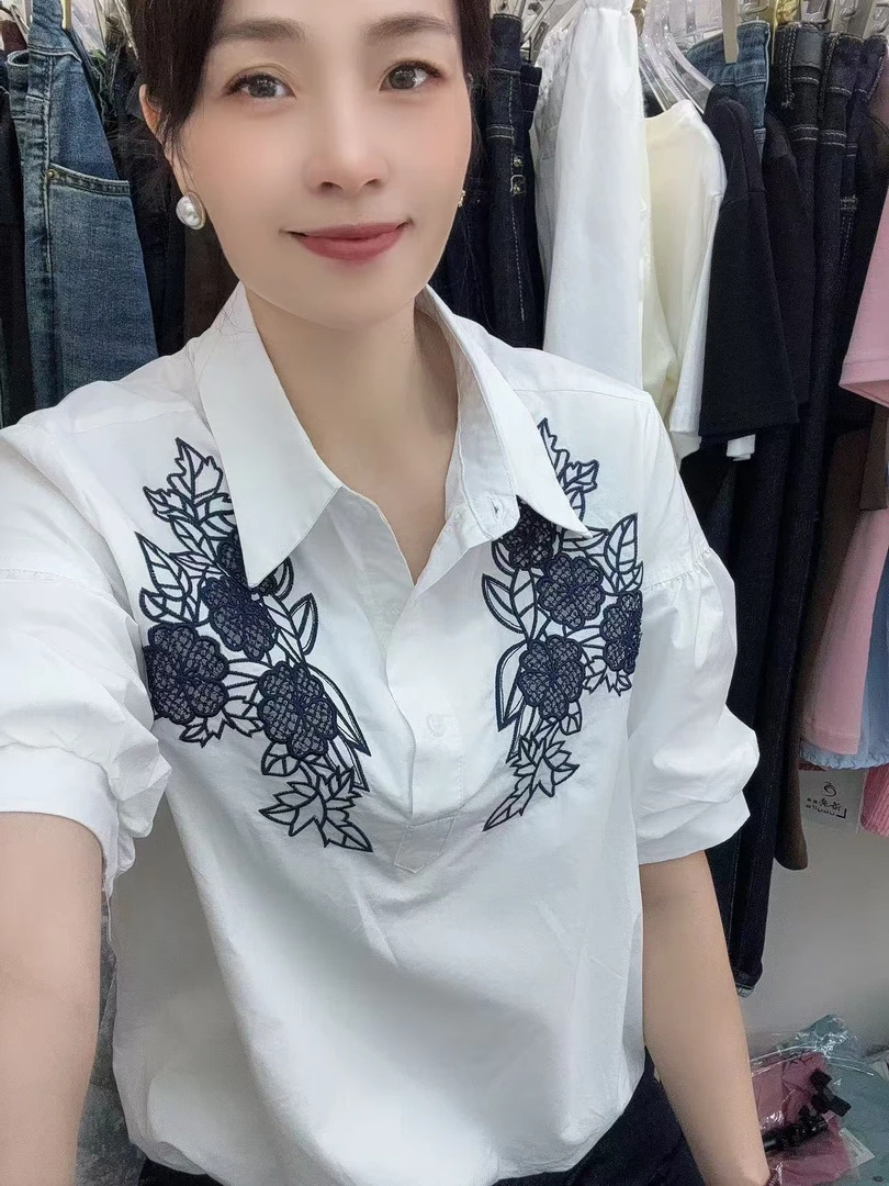 【秀家】夏季新款衬衫重工刺绣提花高级感套头衫棉质感短袖