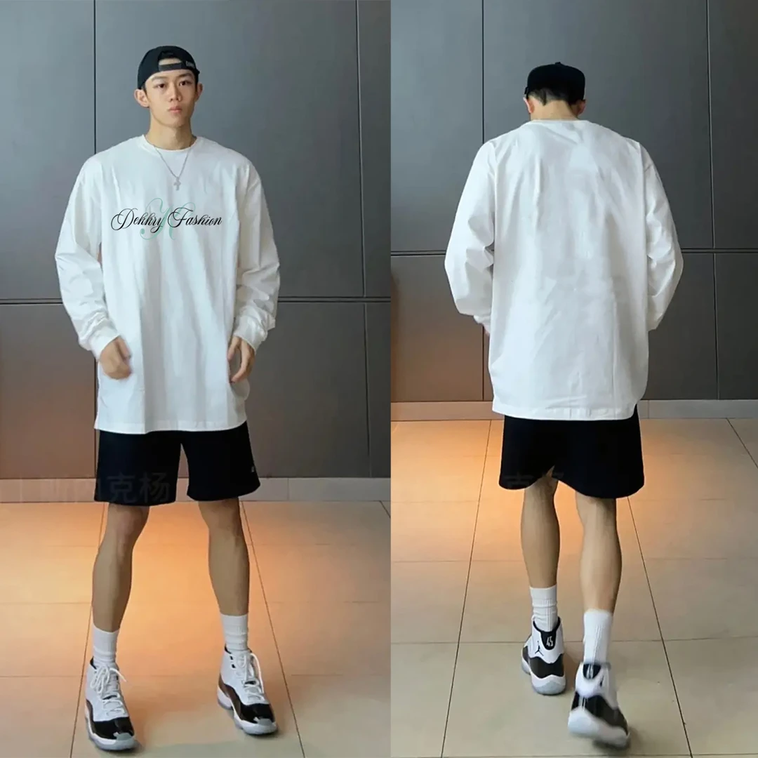 美式个性设计100%纯棉字母印花秋冬ins长袖T恤男女情侣装百搭上衣