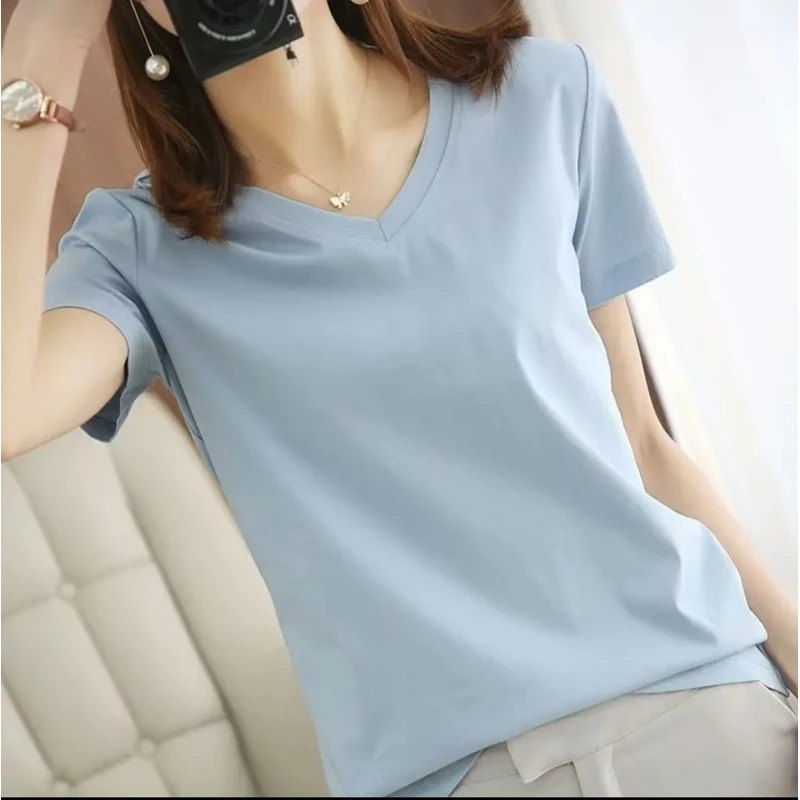 [高品质]气质V领显瘦减龄短袖t恤2025夏新款宽松百搭女生上衣