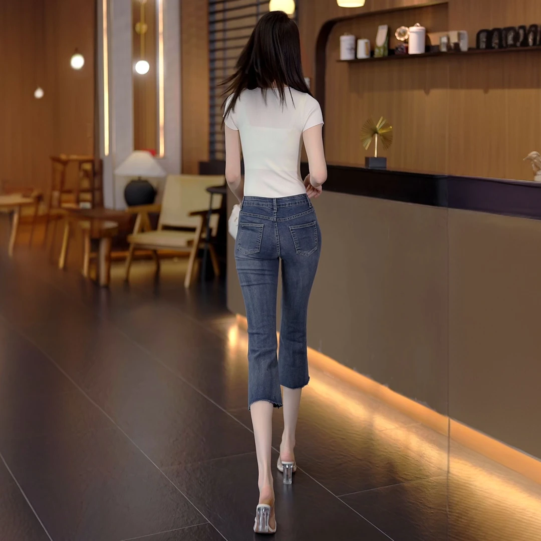 2025夏季薄款百搭七分微喇叭牛仔裤女小个子高腰显瘦修身毛边八分