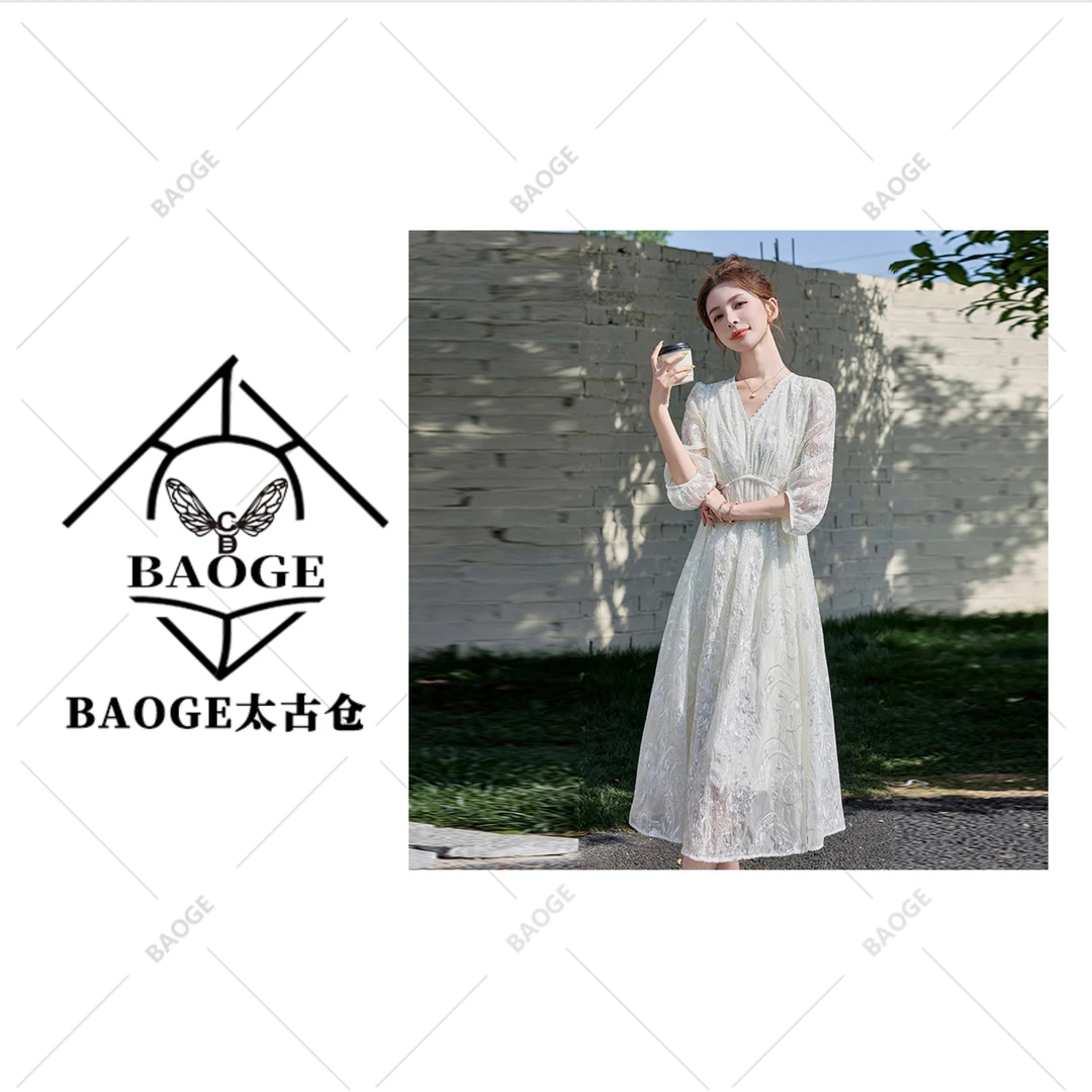 【BAOGE太古仓】法式赫本风蕾丝刺绣V领长裙优雅吸睛美到出圈#5128
