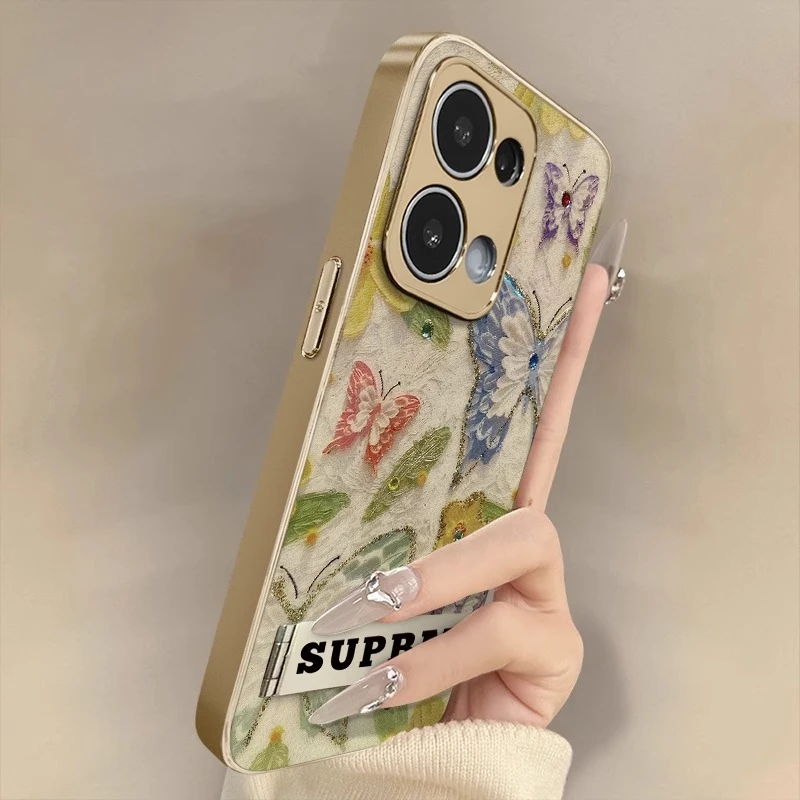 油画蝴蝶适用于OPPOreno14手机壳新款14PRO电镀小羊皮全包高级感