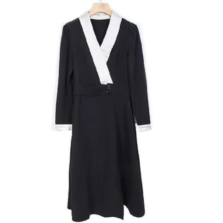 陌妆春季女装连衣裙时尚交叉领收腰长裙拼接黑色法式女裙子216215