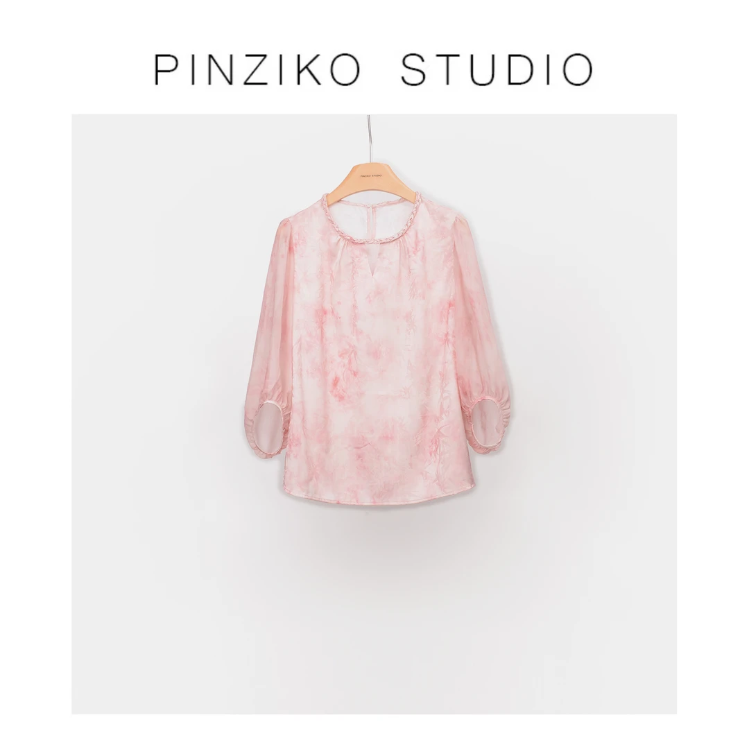 【PINZIKO女装】枫锦~夏季百搭轻奢圆领修身显瘦女套头衬衫女TJF114