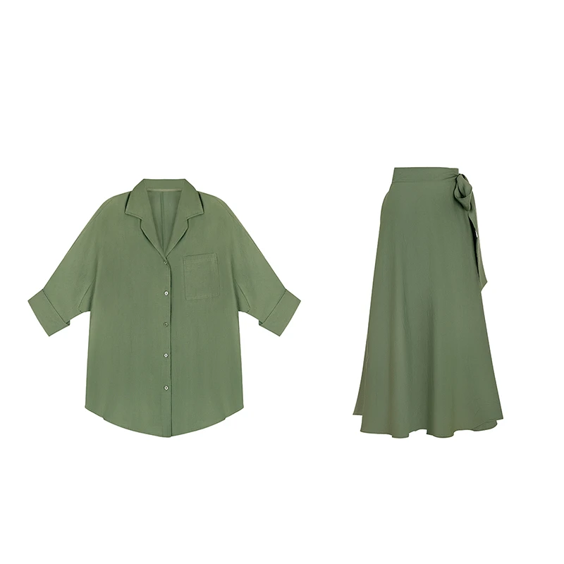 「竹绿轻纱」2025夏季新款半袖衬衫上衣高腰半身裙气质时尚套装L996