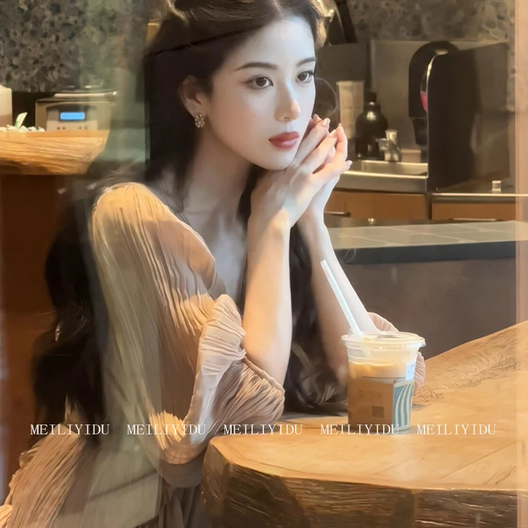 MLYD/定制 大码法式复古V领灯笼袖褶皱连衣裙荷叶边不规则雪纺裙