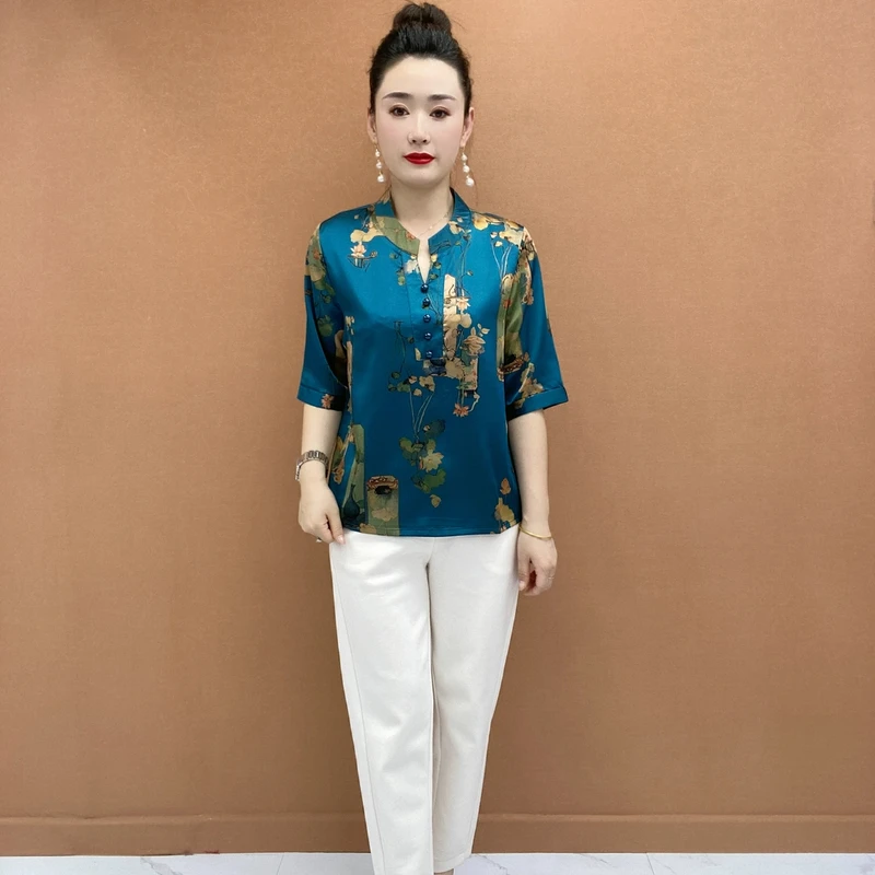 夏季新款洋气显瘦气质妈妈装大码宽松印花中老年中袖小衫258款