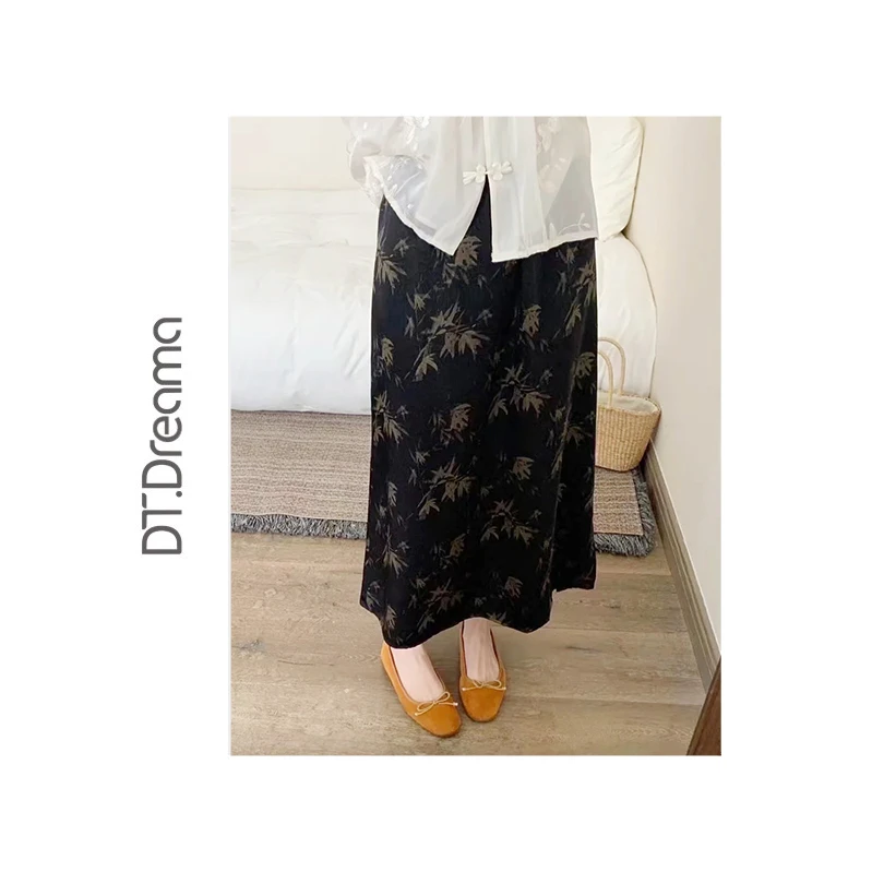 新中式中国风竹子印花夏季宽松黑色半身裙子时尚休闲百搭气质女装