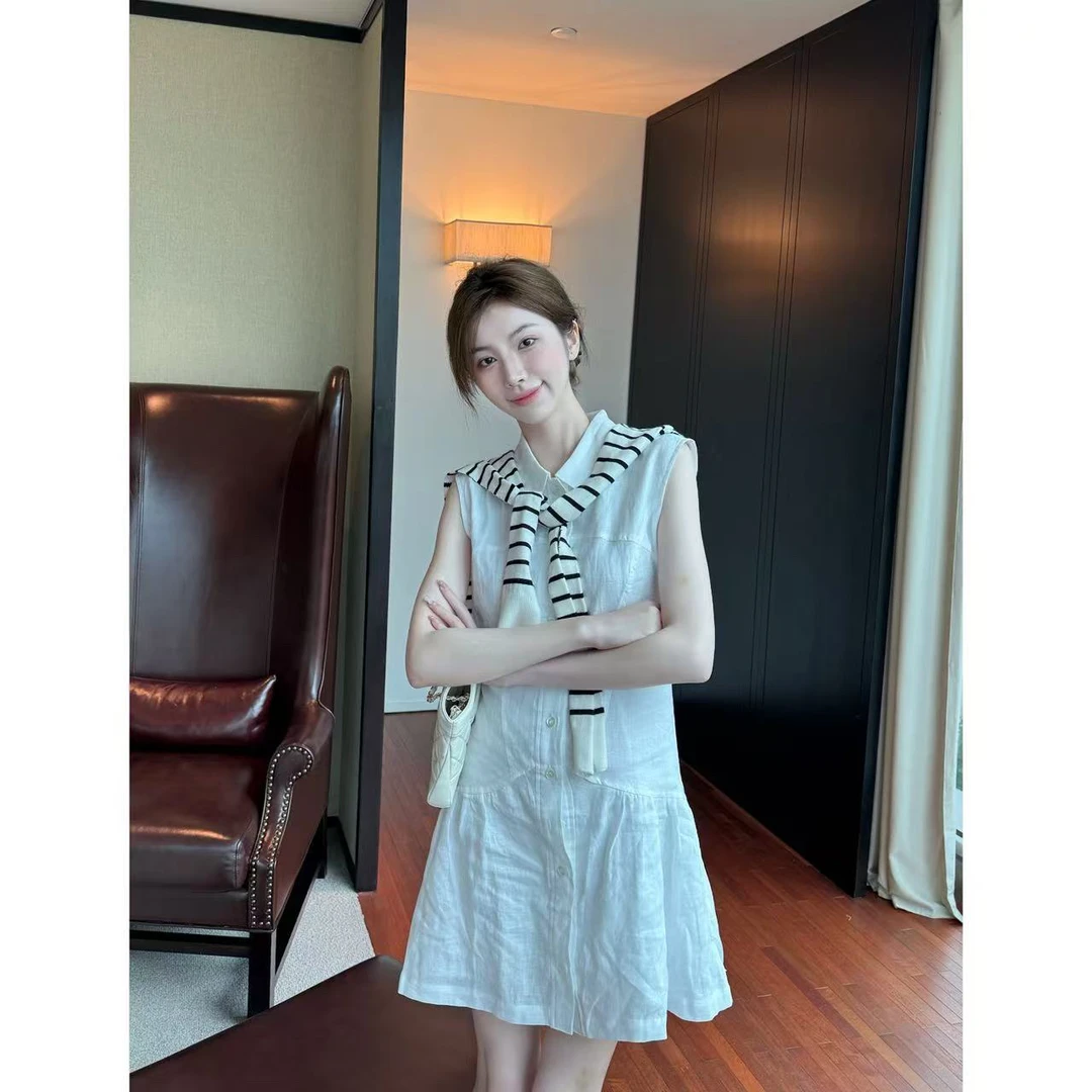 【Cikky定制】韩系白色polo领衬衫连衣裙女装夏季褶皱修身➕短裙披肩