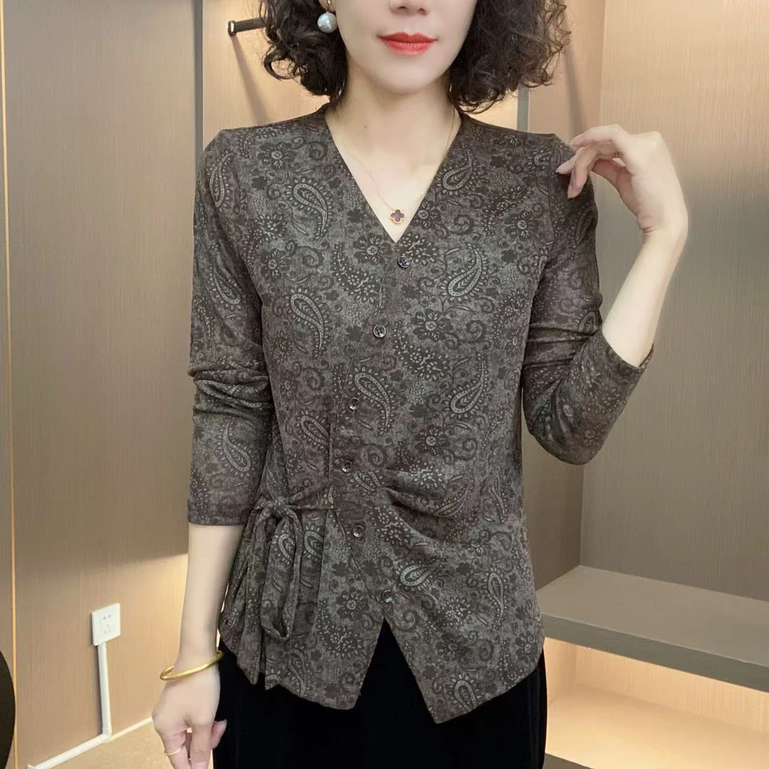 秋季新款V领不规则系带款修身凤尾花洋气时尚妈妈装打底衫上衣