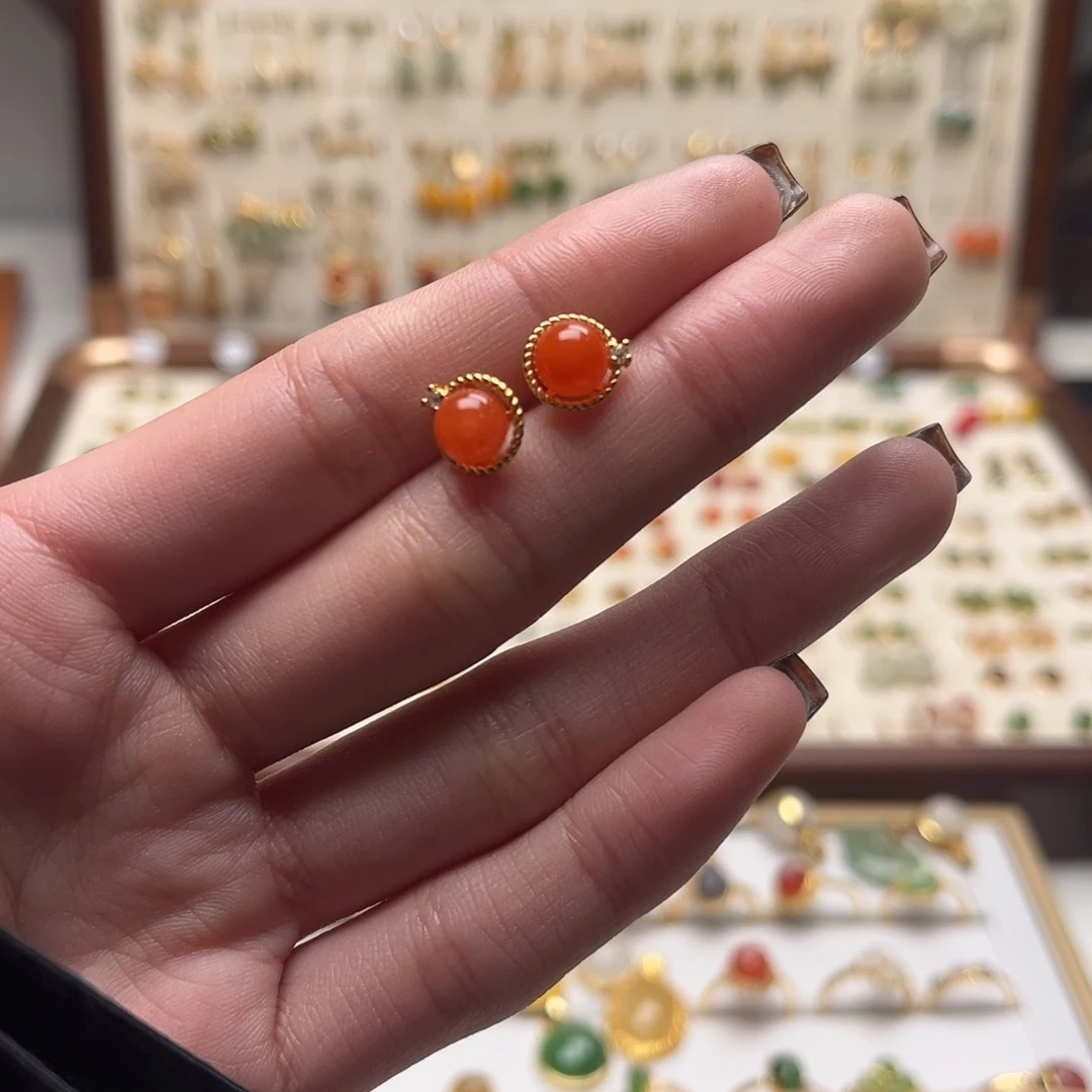 和田玉银S925镀金镶嵌耳坠