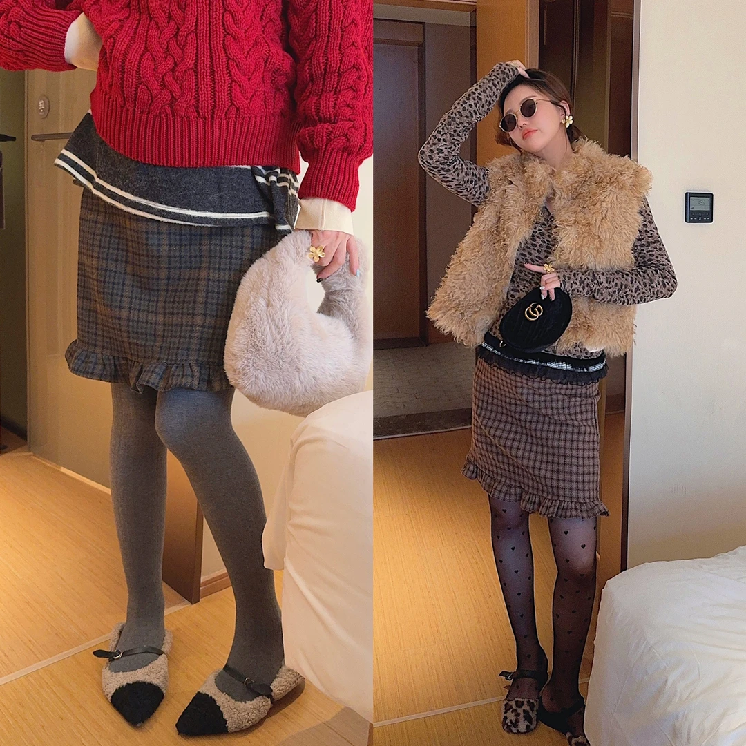 智英欧尼  NO退NO换 格纹呢子半身裙【松紧腰高腰秋冬复古网红】