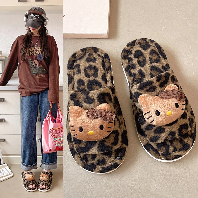 卡通喵咪豹纹一字拖防滑镂空网红毛绒ins日常居家双边露趾拖鞋女