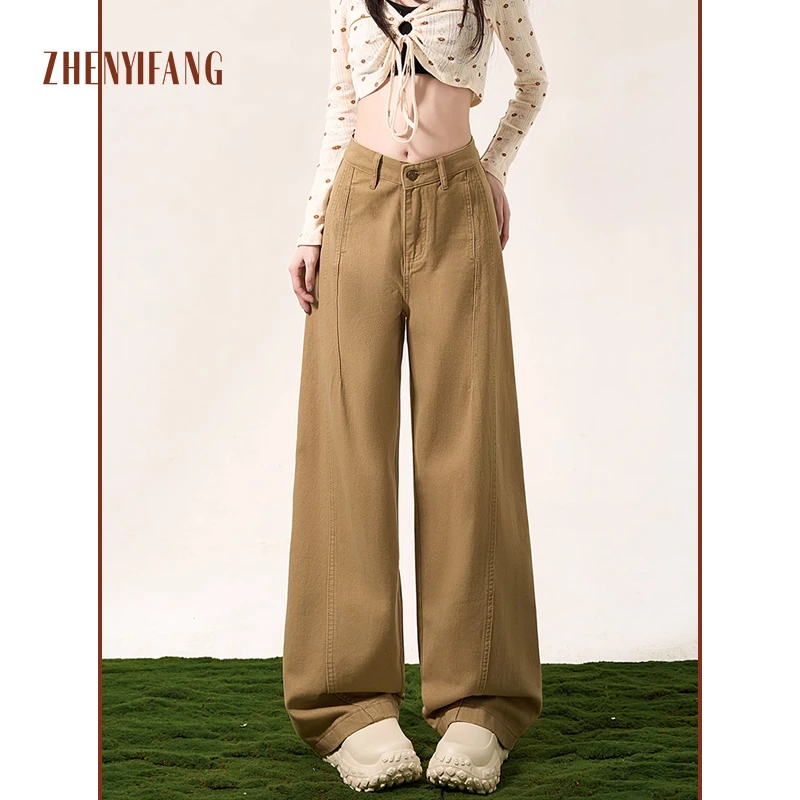 美式复古阔腿牛仔裤女2025春季新款高腰宽松显瘦直筒弯刀裤