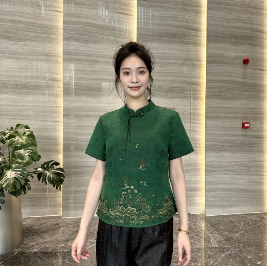 FSSIA锦同|香云纱绿龟国风新中式立领盘扣刺绣短袖上衣MF-1937