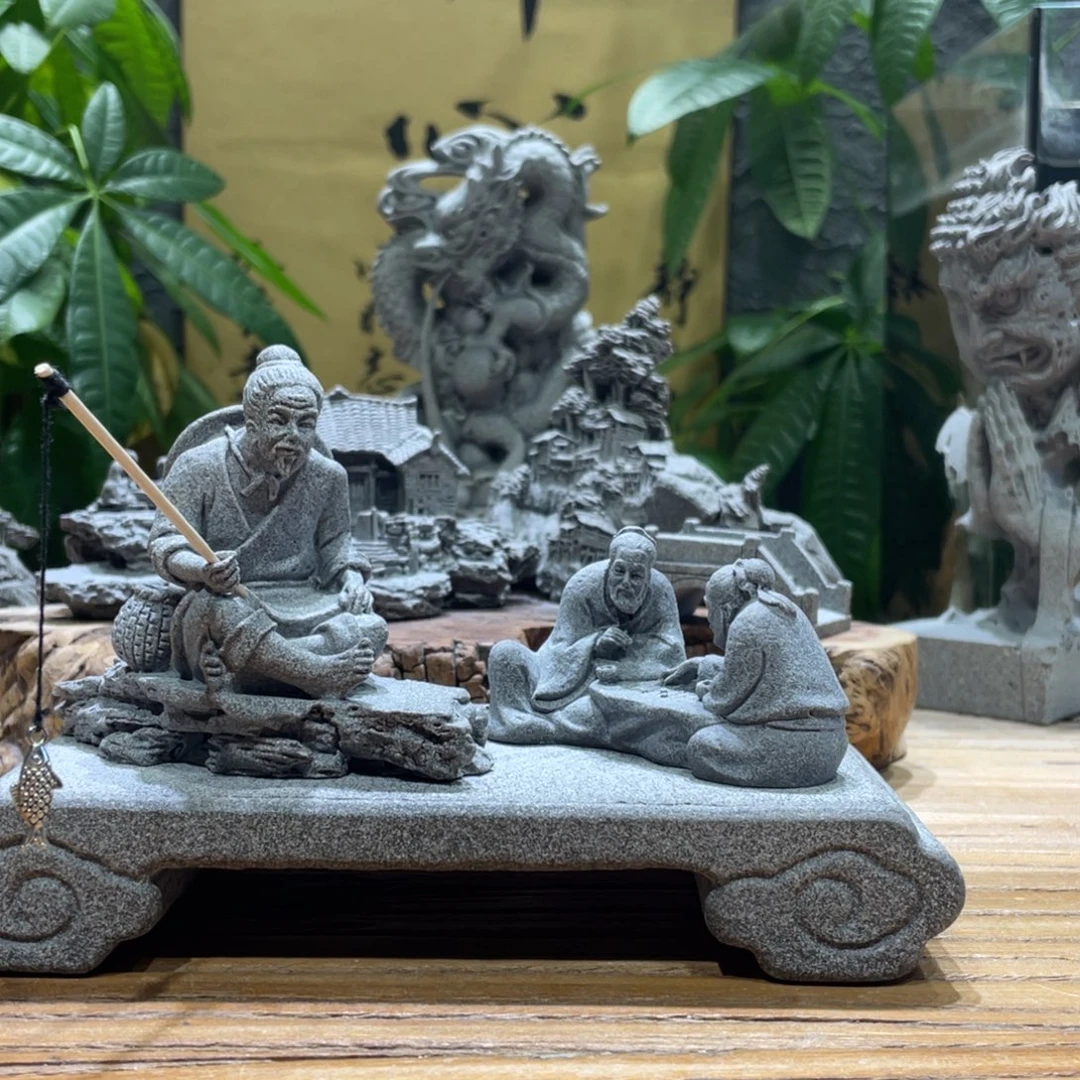 石材钓鱼一个下棋一个