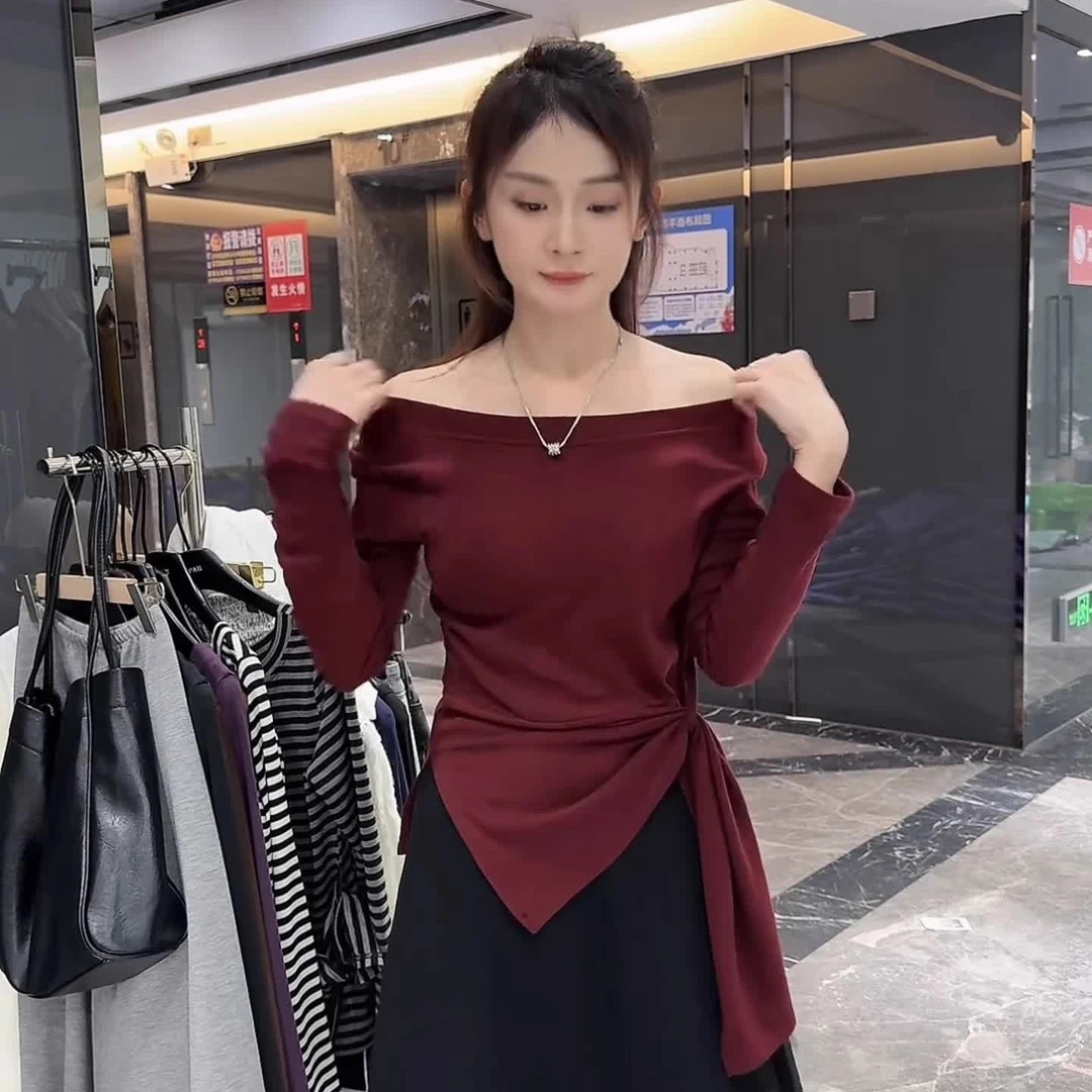 2025早秋新款韩系下摆不规则开叉收腰设计感显瘦百搭斜肩长袖T恤