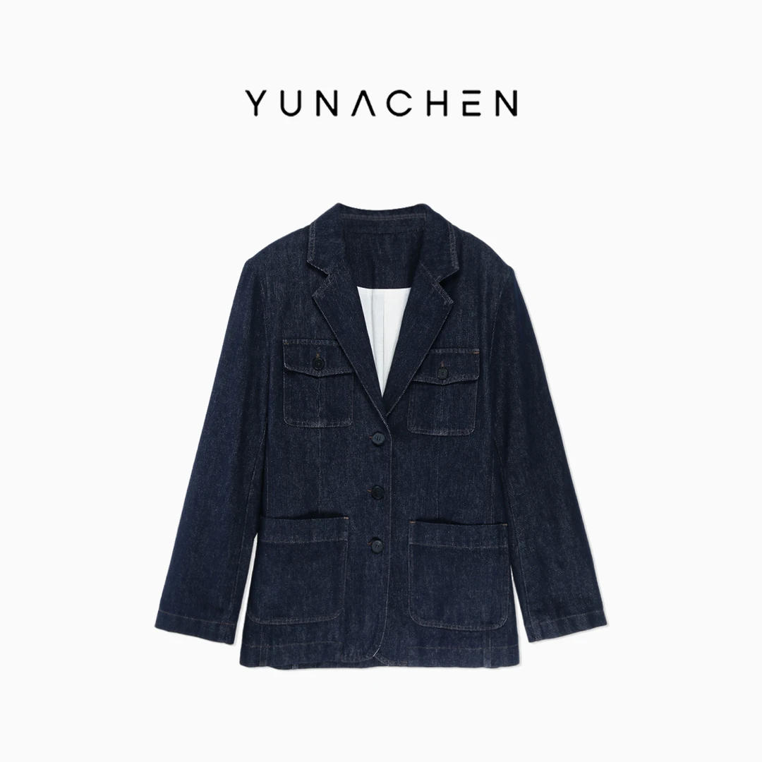 菠萝宝宝yuna【四袋靛蓝丹宁西装】复古肌理挺括西装牛仔女外套YG26