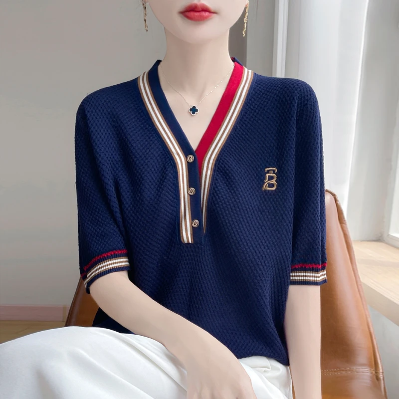 2025夏季新款v领拼色短袖t恤女宽松百搭气质上衣