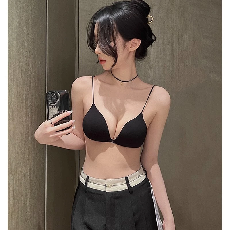 魔娜丽人美背前扣内衣女超薄款小胸聚拢法式三角杯无痕细带文胸