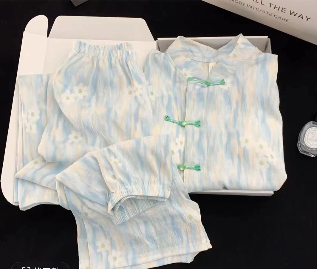 2025新款新中式国风三件套专柜胸垫款家居服睡衣女套装A1066