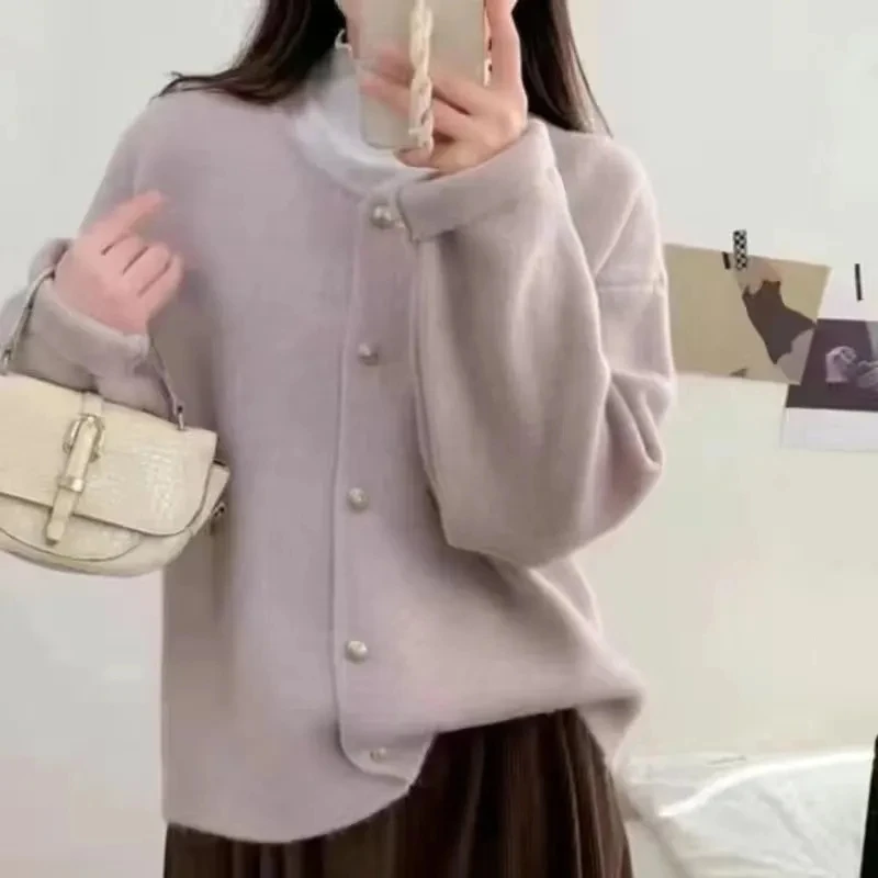 韩系圆领单排扣纯色针织开衫女秋冬新款慵懒风软糯毛衣显瘦外套潮