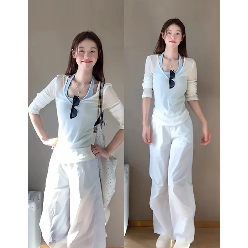 白色v领防晒镂空轻薄罩衫薄纱上衣女配吊带的外背心女夏日穿