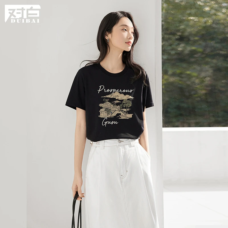 【凉感抑菌】对白原创山水画印花短袖T恤女2025夏季新款正肩上衣