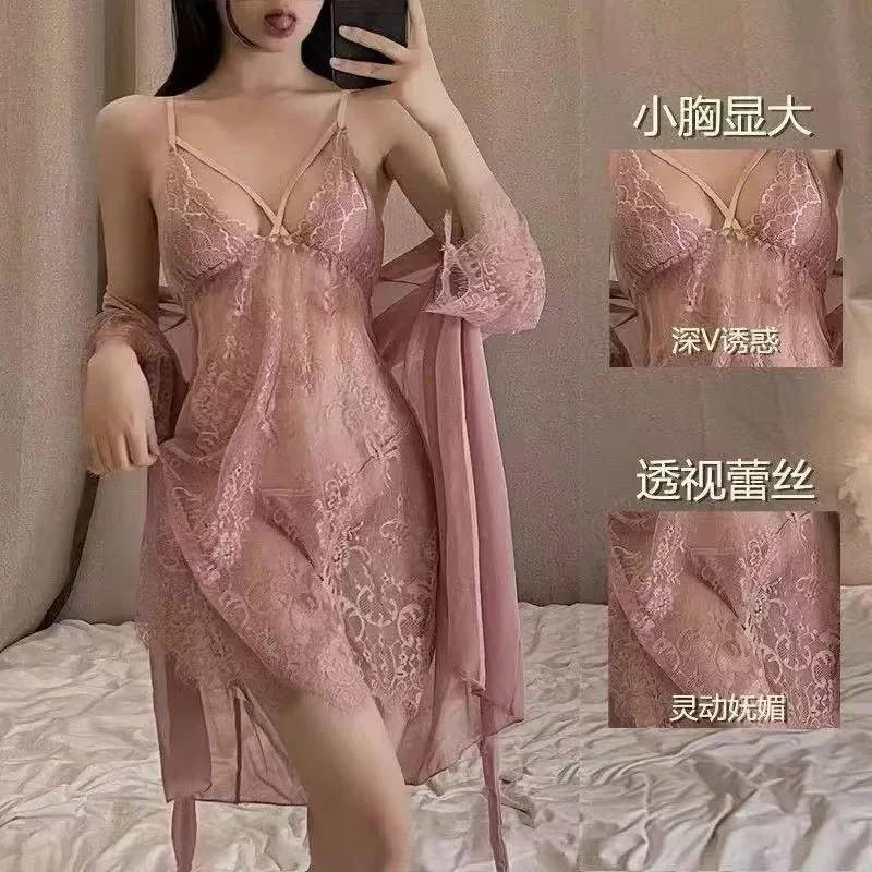 80-160斤加大码性感深V吊带睡裙蕾丝镂空透明诱惑三件套家居服女