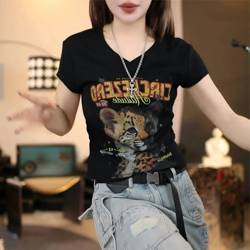 韩版复古v领短袖T恤女2025夏季新款辣妹风紧身显瘦超好看打底上衣