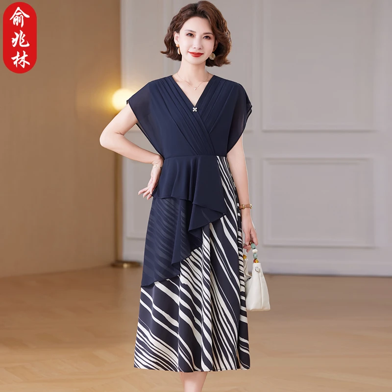 俞兆林妈妈夏装连衣裙阔太太洋气高贵雪纺裙中老年女夏季短袖长裙