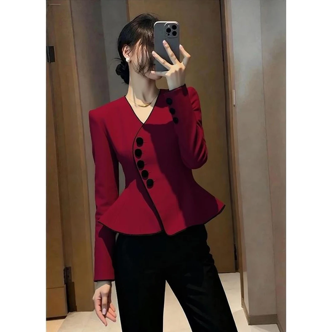 秋冬复古慵懒松弛感小西服上衣韩系气质优雅洋气红色掐腰西装外套