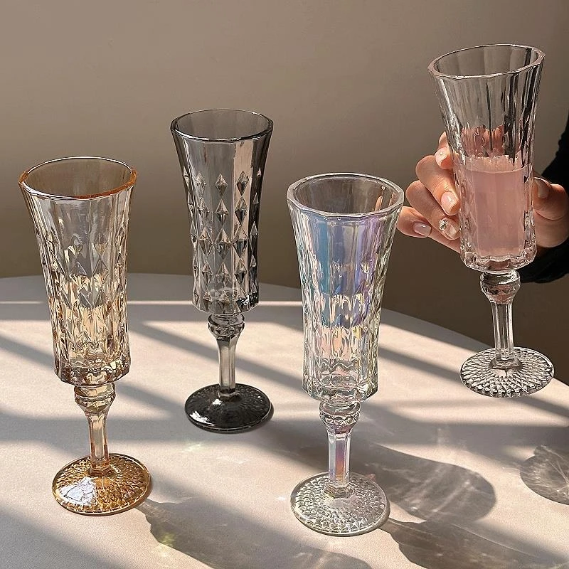 复古ins风钻石浮雕高脚杯高颜值玻璃杯香槟杯红酒杯甜酒杯子玻璃