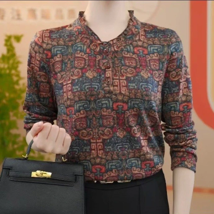 妈妈装复古打底衫2025秋季新款木耳边X洋气中老年显瘦长袖上衣女