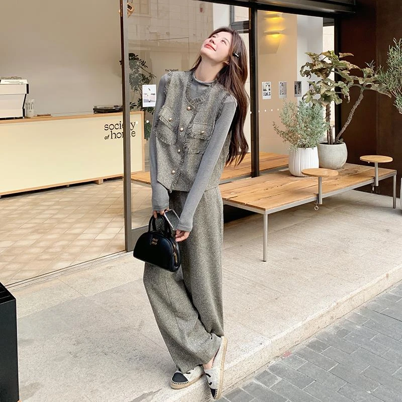 韩剧穿搭小香风套装女春2025新款气质高级感马甲阔腿裤三件套爆款