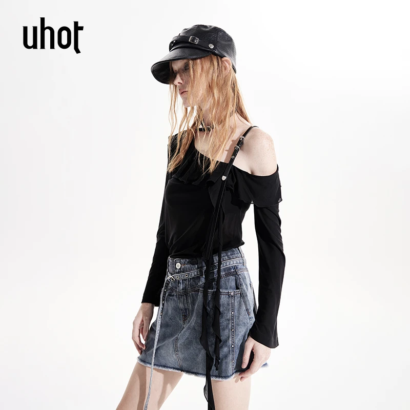 uhot 黑色皮带扣带斜肩荷叶边上衣女时尚2025春夏新款 UWWS2N393