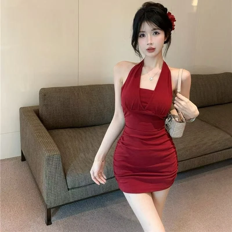 名媛风链条挂脖绑带晚礼服吊带裙女装夏季纯欲性感露背收腰连衣裙