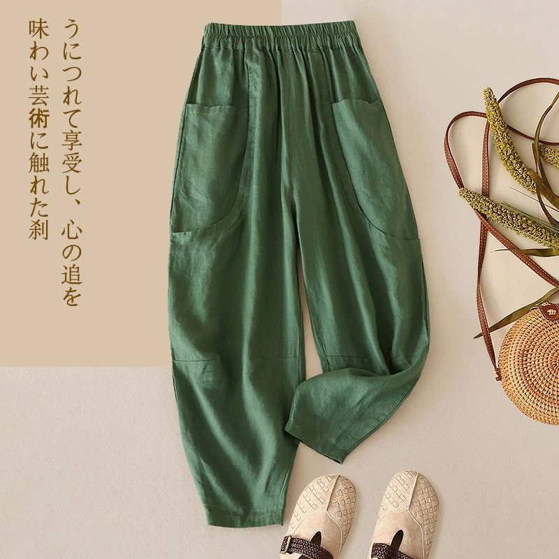 复古文艺~专柜撤回尾单大牌外贸女棉麻九分哈伦裤宽松亚麻休闲裤