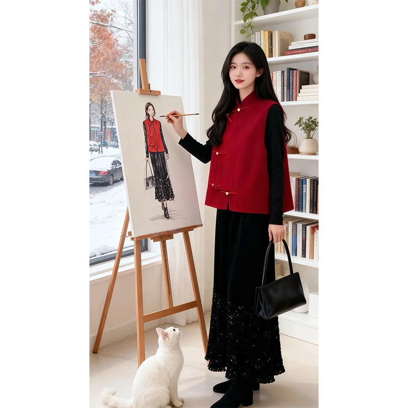 新中式女装国风套装盘扣马甲半身裙两件套红色2026超火冬装一整套