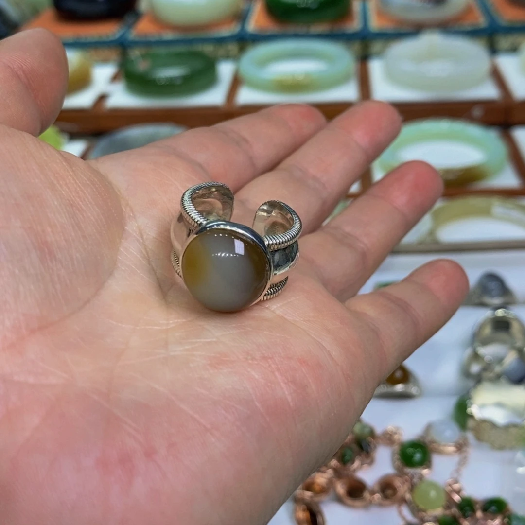 和田玉且末黄金糖戒指银S925镶嵌归*一