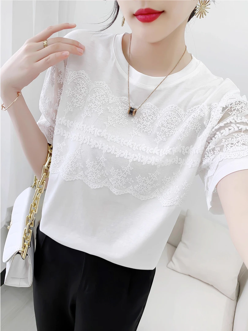 蕾丝拼接圆领短袖T恤纯棉上衣2025夏装正肩通勤气质新款欧货小衫